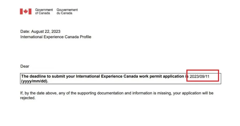 カナダ移民局から受け取ったビザ申請期限が書かれた書類の画像