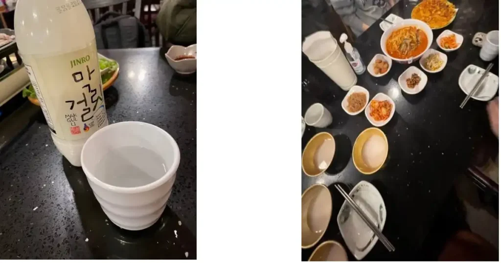 トロントの韓国居酒屋でマッコリとコリアンフードがテーブルに並べた写真