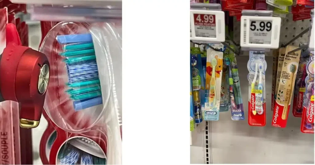 店頭に並ぶ子供歯ブラシの画像日本に比べると大きなサイズであることが分かる